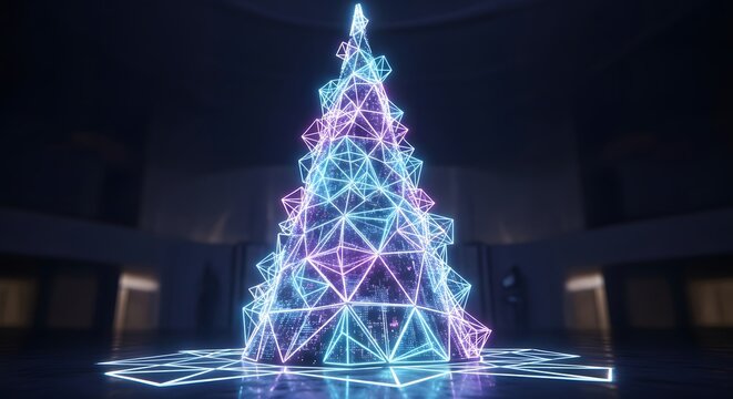 A radiant holiday tree shimmers with modern charm, its geometric design casting a magical glow around. - Powered by Adobe