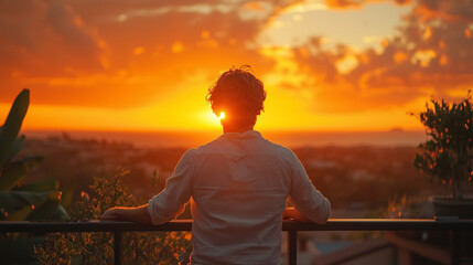 Individual admires breathtaking sunset view from a balcony overlooking a city landscape ai, sunset, balcony, city, nature, individual, admiration, evening, skyline, landscape, serenity, colors, tranqu