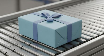 A beautifully wrapped gift sits centered on a conveyor belt, ready for its destination, somewhere.