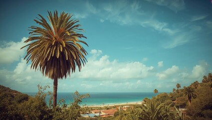 Beautiful palm tree against a village backdrop with a clear sky, summer travel theme, nature's tranquility