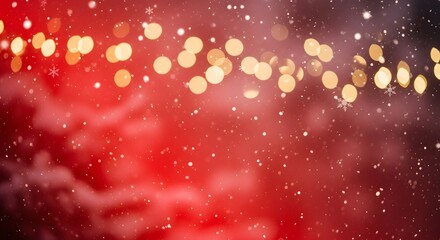 Golden lights twinkle softly against a festive red backdrop, as snowflakes gently descend around them.