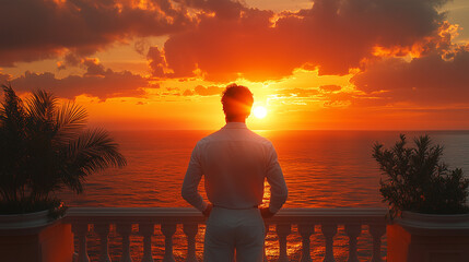 Man gazes at vibrant sunset over the ocean from a balcony surrounded by lush plants ai, sunset, ocean, balcony, man, serenity, nature, reflection, warm, glow, evening, tranquility, greenery, horizon, 