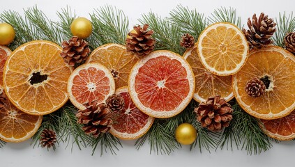 Christmas ornamentation featuring dried citrus slices and pine cones, seasonal decor, Christmas