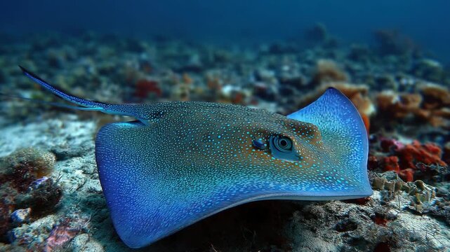 Underwater view of a blue-spotted ray in the ocean. Spotted pattern on its body