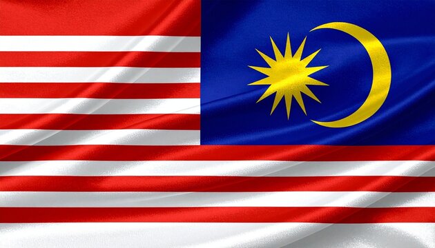 Malaysian national flag with red and white stripes, blue canton, yellow crescent, and 14-point star.