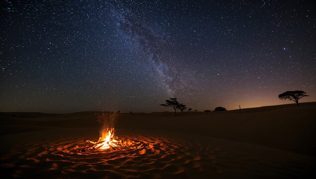Fototapeta Milky Way Shimmers Over a Beach Campfire, evoking a sense of isolation