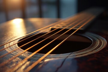 Fototapeta premium A close-up shot of a musical instrument, showing strings, soundhole, and wooden surface