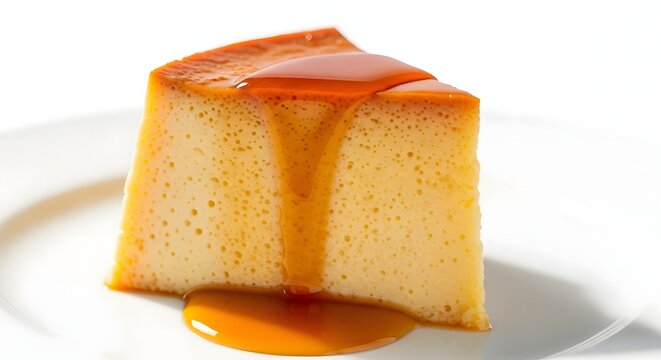 A single slice of delicious caramel flan cake, drizzled with golden caramel sauce, served on a white plate, pudim slice
