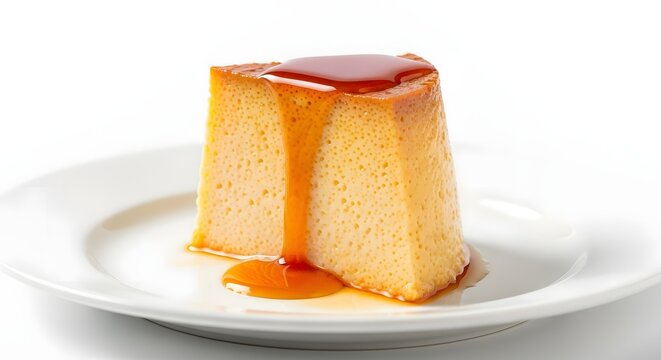 A close-up shot of a delicious piece of caramel custard flan, served on a white plate, pudim slice - Powered by Adobe