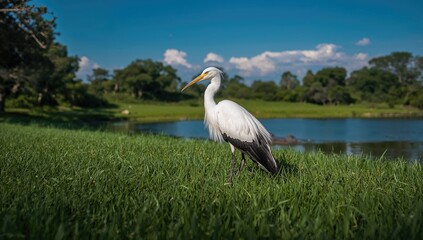 Fototapeta premium White bird perched gracefully, showcasing potential habitat loss