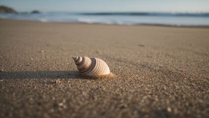 Sea shell resting on sandy shore, natural beauty and texture