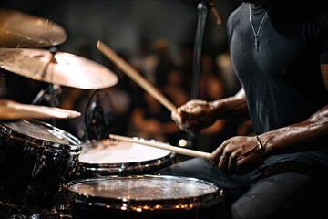 Close-up of a drummer playing a kit, sticks raised, arms and torso, stage lights behind
