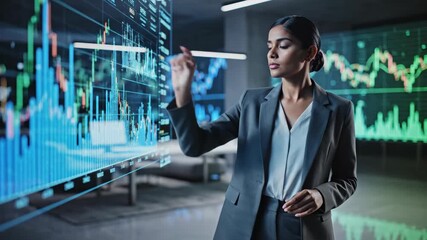 Confident businesswoman analyzes stock market data in modern office, forecasting future trends and strategic investment decisions now - Powered by Adobe