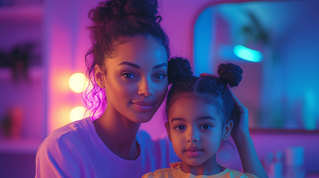 Mother and daughter share a joyful moment in a colorful, softly lit indoor space ai, mother, daughter, bond, family, indoor, colorful, lighting, happiness, joy, intimate, love, warmth, hairstyle, mome