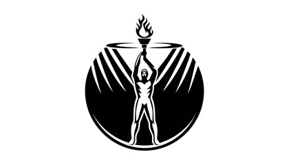 Man holding torch with flame in black and white graphic logo design