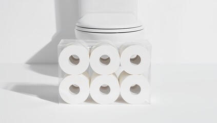 Six rolls of toilet paper packaged in plastic on a white backdrop, focus on convenience and hygiene