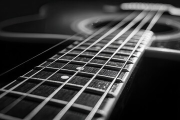 Fototapeta premium Close-up of acoustic guitar strings and fretboard in black and white with shallow depth of field