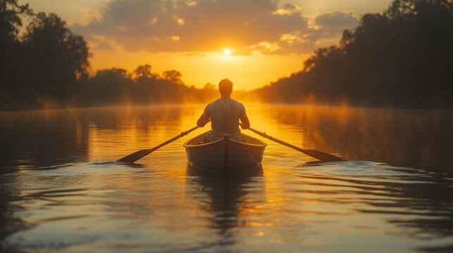 Rowing towards the sunset on a tranquil river at dusk in warm golden light ai, sunset, river, rowing, boat, calm, water, dusk, golden, light, tranquility, nature, reflection, mist, silhouette, peacefu - Powered by Adobe