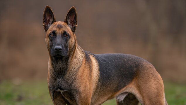 Malinois dog portrait, showcasing alert posture and outdoor setting, focus on training and companionship