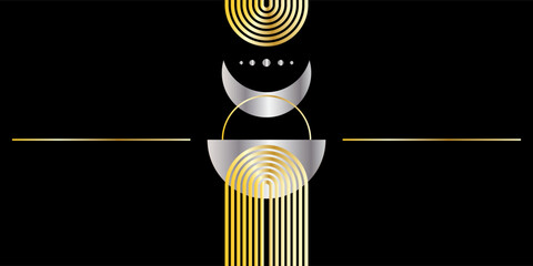 Gold and Silver Art Deco Card. Vintage Luxury Glossy Invitation Background. Abstract Metal Texture Shape icon. Trendy Black Friday Sale Flyer Design. Aesthetic Minimalist Poster Glamour Artwork.