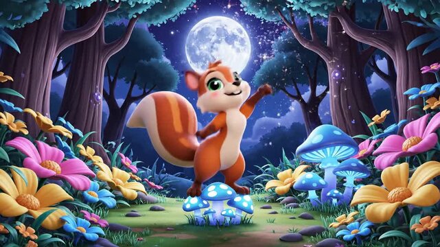 Cartoon squirrel in enchanted forest at night
