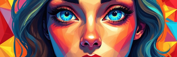Illustration displays abstract female face. Geometric patterns surround vibrant image. Colorful design with lively composition made in contemporary artistic style. Could used for wall art beauty