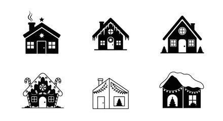 Silhouette Black Minimal Christmas House Icons Vector Set – Cozy Winter Home Symbols, Simple Holiday Graphics, and Seasonal Design Elements