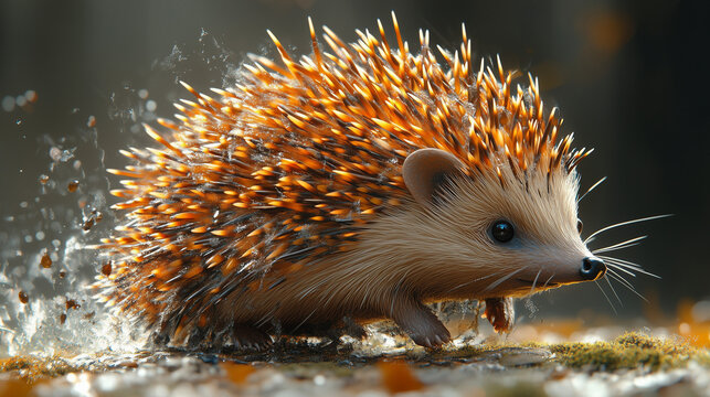 Hedgehog splashes through autumn leaves in a vibrant forest setting ai, hedgehog, autumn, forest, leaves, wildlife, nature, animal, splashing, puddle, playful, colorful, quills, orange, brown, sunligh