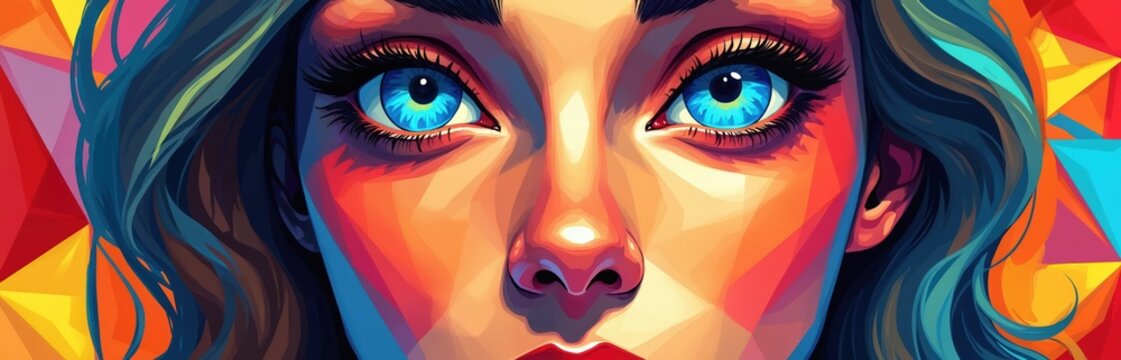 Illustration displays abstract female face. Geometric patterns surround vibrant image. Colorful design with lively composition made in contemporary artistic style. Could used for wall art beauty