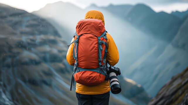 Hiker with backpack and camera exploring mountain landscape
