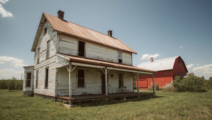 Obraz premium Abandoned two-story white farmhouse with a veranda and a red barn in the background, preservation