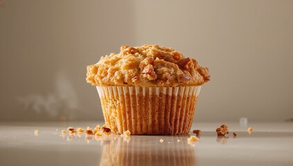 Muffin with Crumble Topping on Shiny Surface, fiber-dense choice