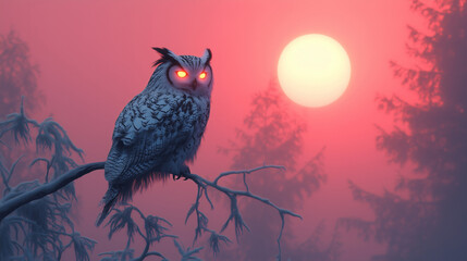 Majestic owl perched on a branch under a glowing sunset in a misty forest ai, owl, sunset, branch, mist, forest, wildlife, nature, orange, eyes, pink, sky, trees, evening, serene, majesty, bird, gnarl