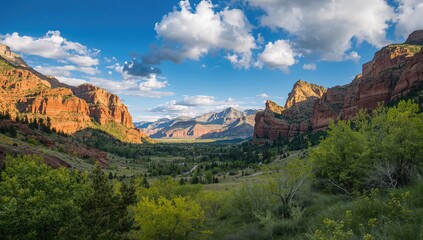 Fototapeta premium Valley landscape with rolling hills and trees, showcasing seasonal change