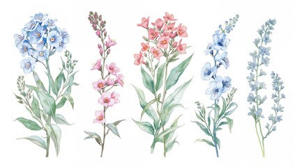 Fototapeta premium Watercolor illustration of blue and pink forget-me-nots, suitable for greeting cards and invitations, floral design element