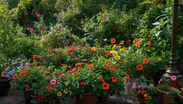 Lantana and hibiscus flowers in vibrant garden pots, highlighting a colorful plant display - Powered by Adobe