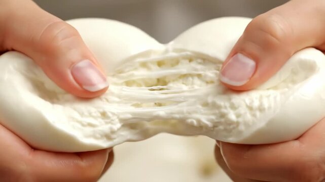 Hands gently pull apart fresh mozzarella cheese, revealing its creamy and stringy texture.