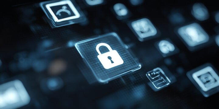 Digital Security Interface with Lock Icon and Communication Symbols Representing Data Protection and Privacy Technology Concepts