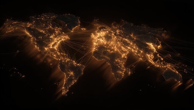 Glowing network of lights resembling world map with lines connecting cities against a dark backdrop