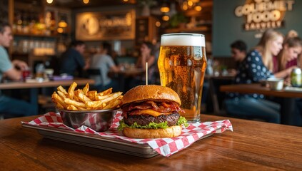 Panoramic view of a burger served with fries and a glass of beer
