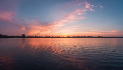The vibrant colors of the sky at sunset over a tranquil lake, reflecting seasonal change