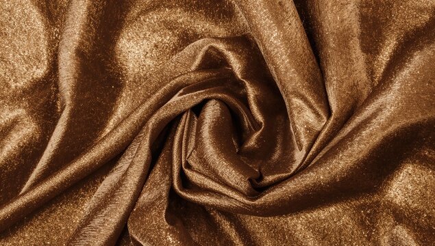 Glossy brown gold satin silk velvet fabric arranged in a swirling design, ideal for editorial header backgrounds