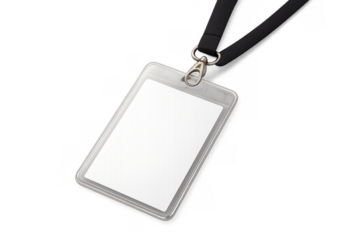 Blank id card holder with black lanyard, ready for personalized identification access security, transparent background rendering