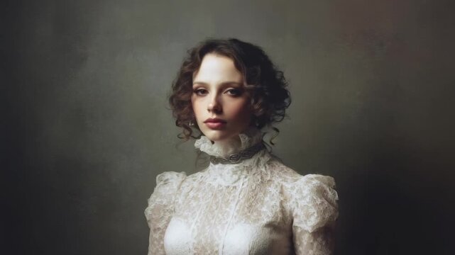 Portrait of a woman with dark curls wearing a lace high-neck Victorian dress, looking to the side against a muted studio backdrop.