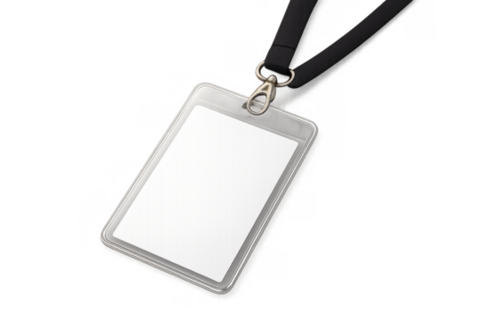 Blank id card holder with black lanyard, ready for personalized identification access security, transparent background rendering