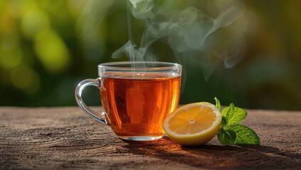 Steaming dark tea served in a clear glass with fresh lemon and mint leaves