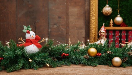 A toy snowman alongside a Christmas garland on a wooden surface, festive decoration theme