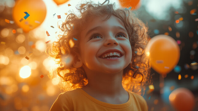 Joyful child celebrating with balloons and confetti during a sunny outdoor event ai, child, balloons, celebration, happiness, outdoors, sunlight, confetti, joy, smiling, young, party, nature, cheerful