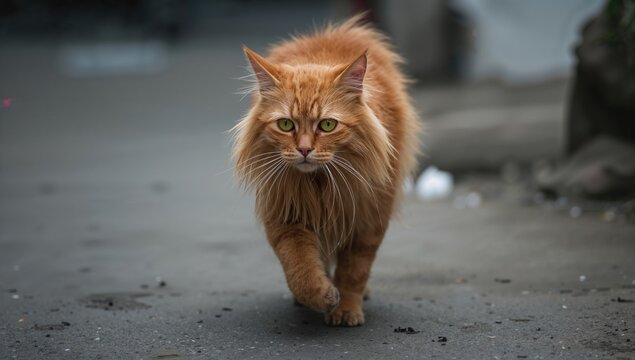 Ginger male cat with orange fur wandering outdoors. Theme for global pet day, feline celebration, and rabies prevention.