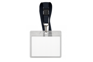 Blank id card holder with black lanyard, plastic badge mockup, empty pass for identification and security access